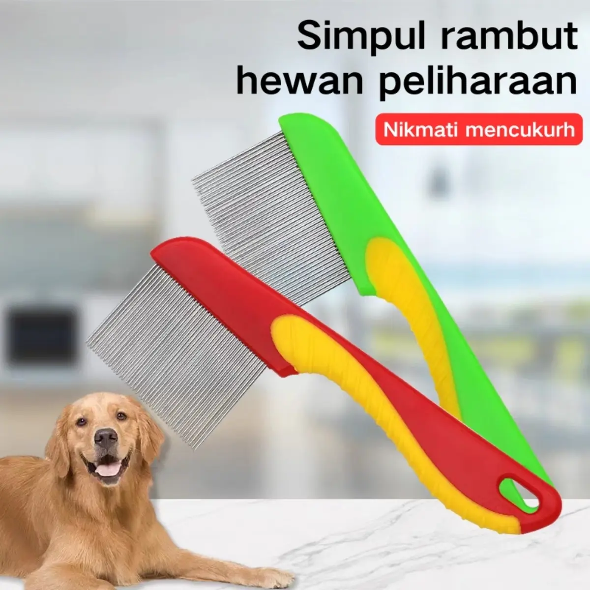Pemeliharaan Bulu Anjing & Kucing Sisir Stainless Steel Anti Kutu 40cm, Penghilang Kusut 3D, dan Relaxasi Pijatan 360° untuk Hewan Peliharaan