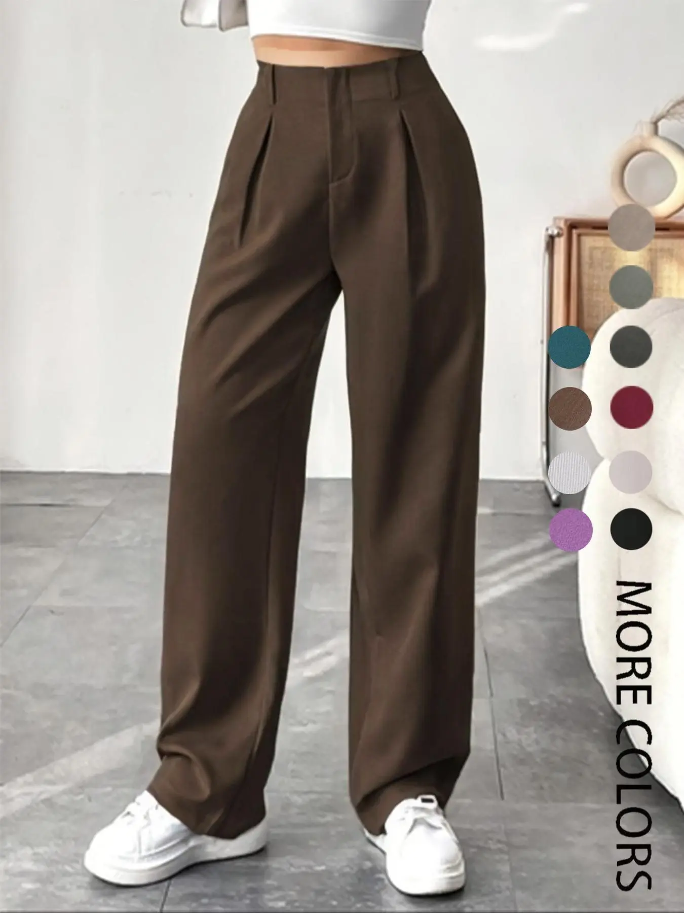 Women's Solid Color Plicated Pocket Design Wide Leg Pants, Chic Elegant Zipper Fly Trousers for Work Office Business, Vibrant Pants Women, Ladies Spring & Fall Clothes