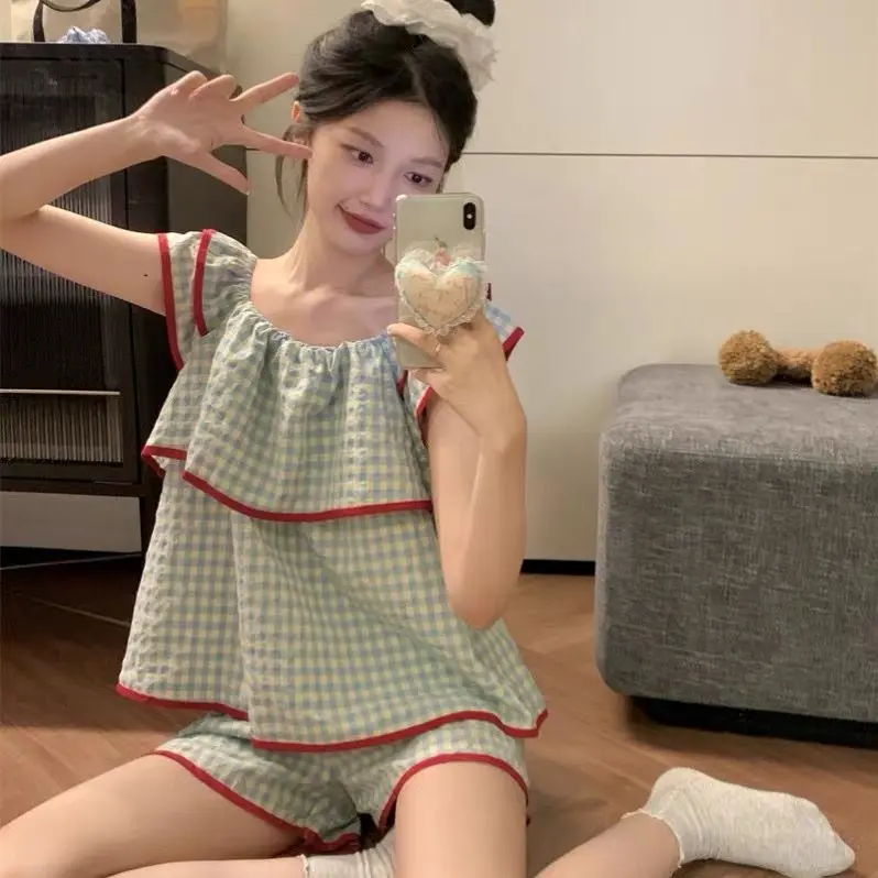Bộ Đồ Ngủ Mùa Hè Cho Nữ, ngắn Tay Và Quần Đùi, Phong Cách Hàn Quốc, Ngọt Ngào Và Xếp Nhún, Kẻ Sọc Khối Màu, Làm Bằng Bông, Thích Hợp Cho Học Sinh, Mỏng, [1179 Yêu Thích]