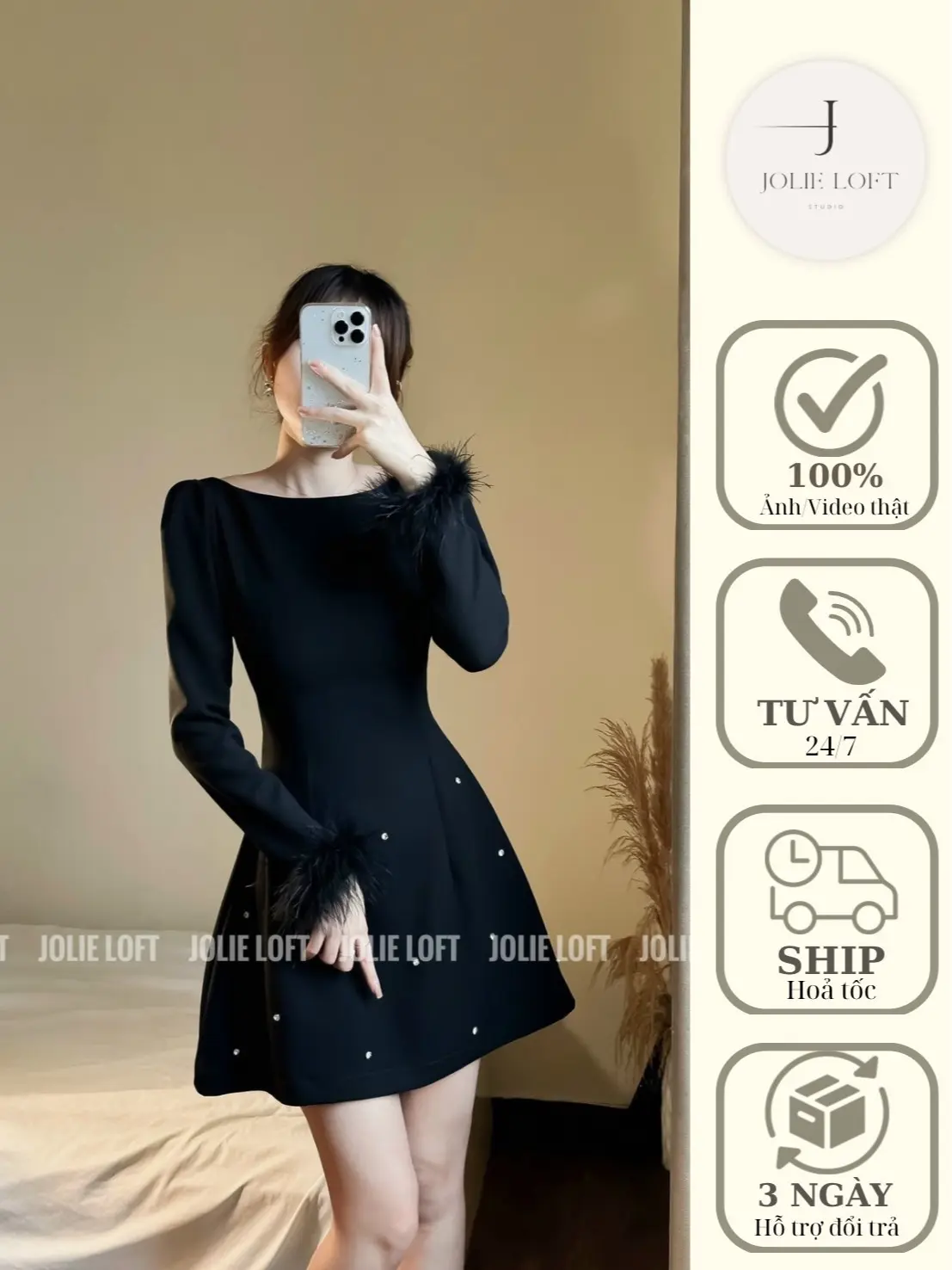 Váy nữ dự tiệc tay lông thiết kế Feather Dress JOLIE LOFT, đầm dáng ngắn sang trọng đi chơi