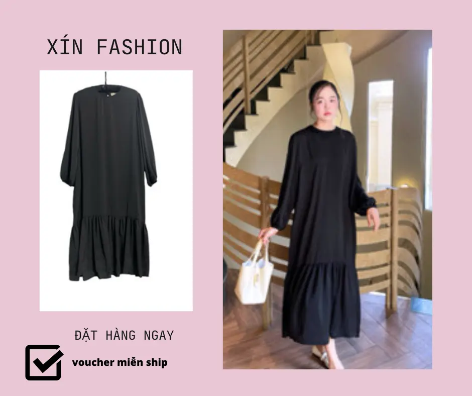 Đầm Lụa Tay Dài Dáng Suông Xín Dress Women Nữ - Chất Liệu Lụa Đen vintage  dress thông thường túi váy thường mặc