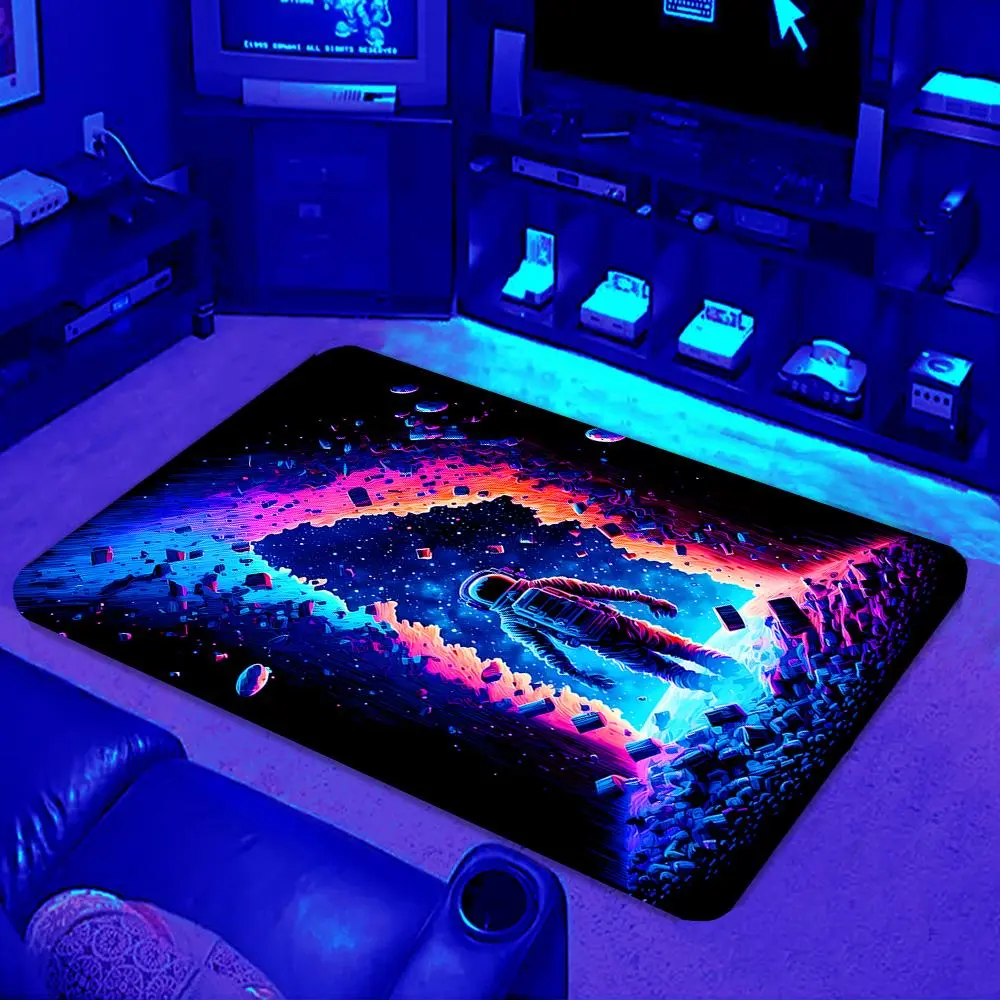 Spaceman Pattern Flannel Carpet, UV Light Reactive Non Slip Carpet, Cool Bedroom Accessories, Decorative Area Rug For Living Room, Gaming Room, Home Decor