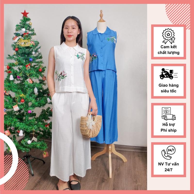 Set đồ nữ Pammy, Sét đồ mặc tết chất liệu đũi tơ xước với hoạ tiết thêu tỉ mỉ, set đồ nữ quần dài ống suông lưng thun phía sau, chất liệu đũi tơ xước cao cấp