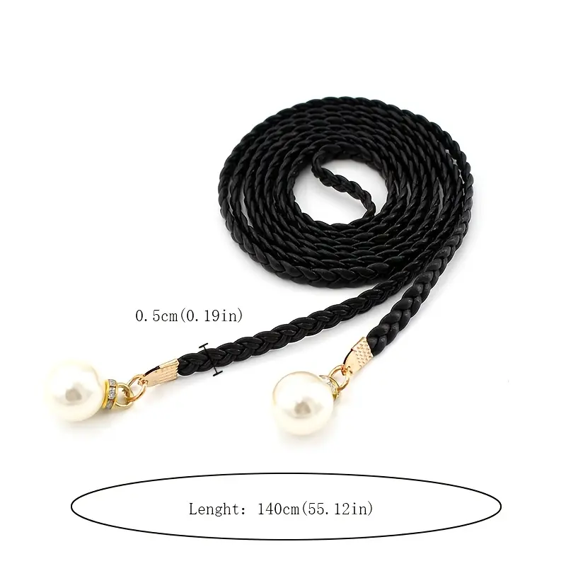 [1pc Elegant Braided Belt] 1pc Elegant Women's Braided Waist Rope Belt with Classic Pearl Pendant | Vintage Sweet Style, Non-Washable, Perfect for Dresses, Wedding Belt, Available in Black, Pink, Red, Brown 5
