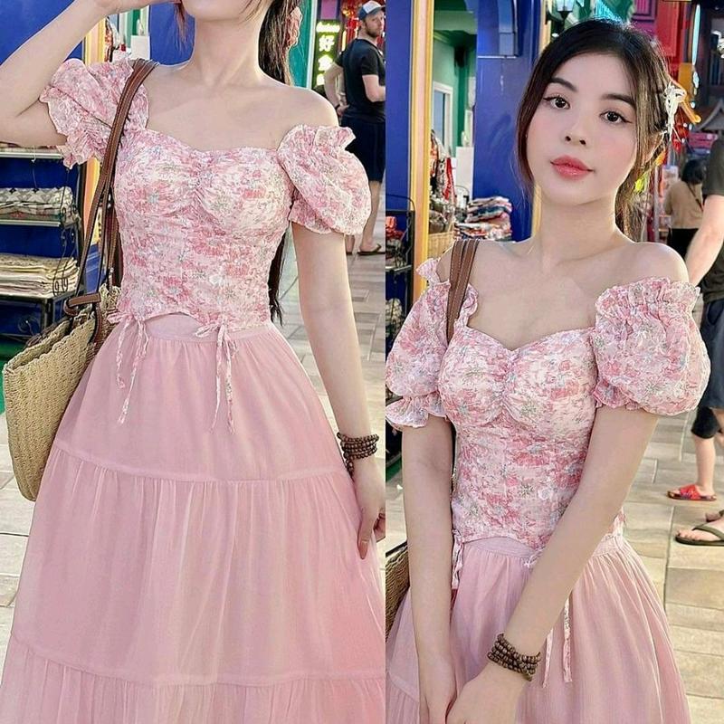 sét áo voan hoa tay phồng kèm chân váy dài 3 tầng đi du lịch đi biển,đà lạt siêu xinh Nữ