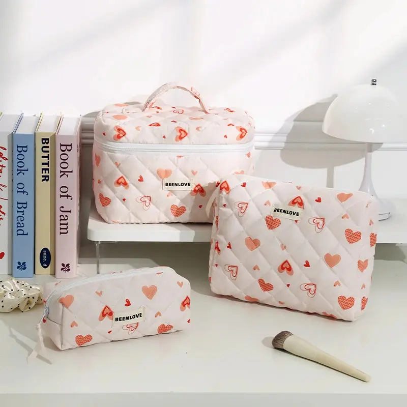Fashion Cherry tote women Floral Makeup Bag portable cute Cosmetic Toiletry storage bag handbag cotton quilted zipper bag