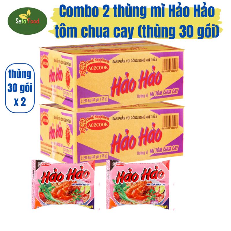 [TẶNG 2 GÓI HẢO HẢO 75gam] Combo 2 Thùng Mì Hảo Tôm Chua Cay - Thùng 30 gói Sợi mì vàng dai ngon hòa quyện trong nước súp tôm chua cay đậm đà từng sợi mì sóng sánh cùng hương thơm quyến rũ ngất ngây Miến Vị Chua mì  gói