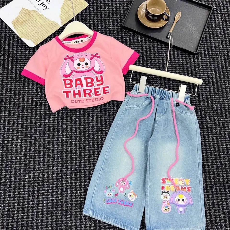 (10-38kg) Set áo cotton hồng mix quần jeans suông cho bé gái quan jean