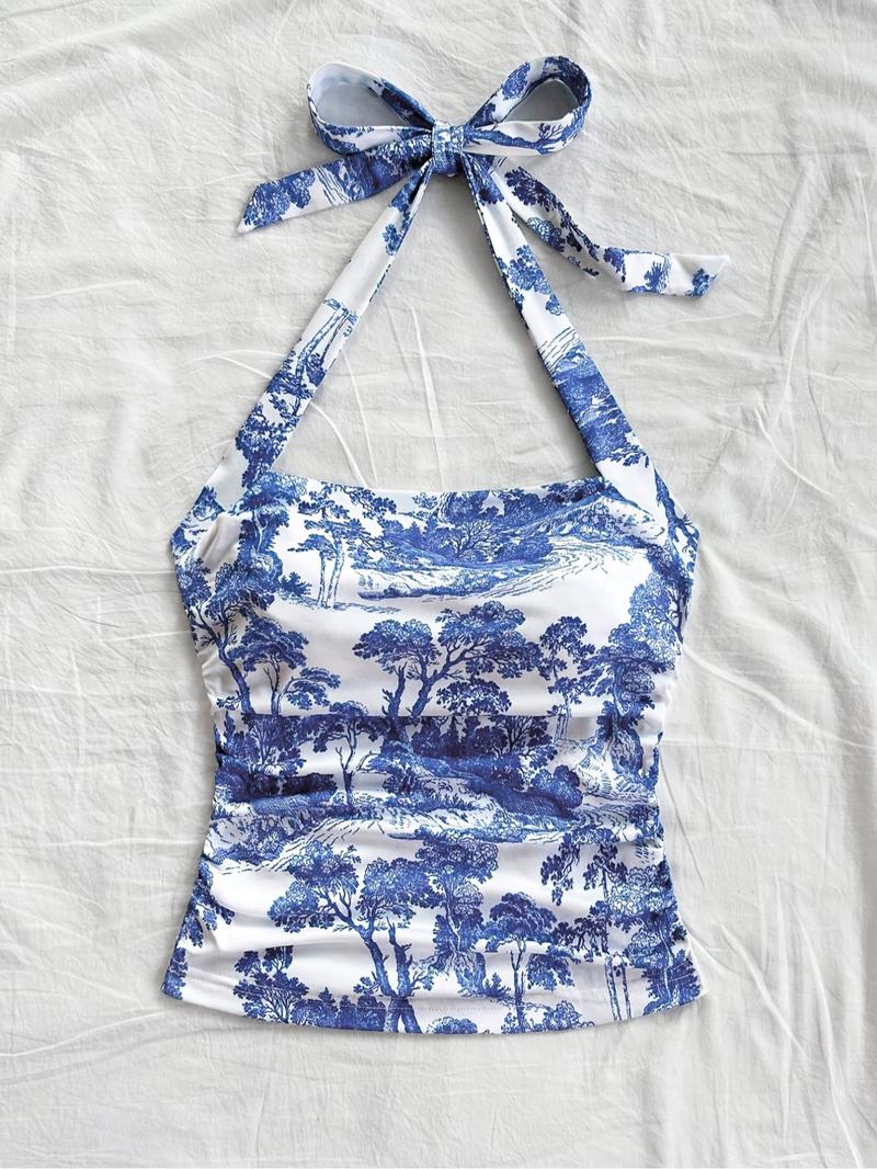 Product Introduction of Women's Landscape Print Halter Neck Top, Casual Sleeveless Top for Summer, Ladies Clothes for Daily Wear 2