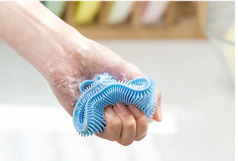 Product Introduction of 3Pcs Kitchen Cleaning Brush Silicone Dishwashing Brush Fruit Vegetable Cleaning Brushes Pot Pan Sponge Scouring Pads Table Mat 4