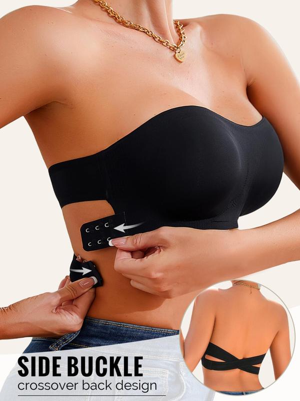Women's Solid Color Buckle Side Criss Cross Bandeau Bra, Push Up Strapless Bra, Soft Comfortable Breathable Lingerie for Daily Wear, Bras Women 0