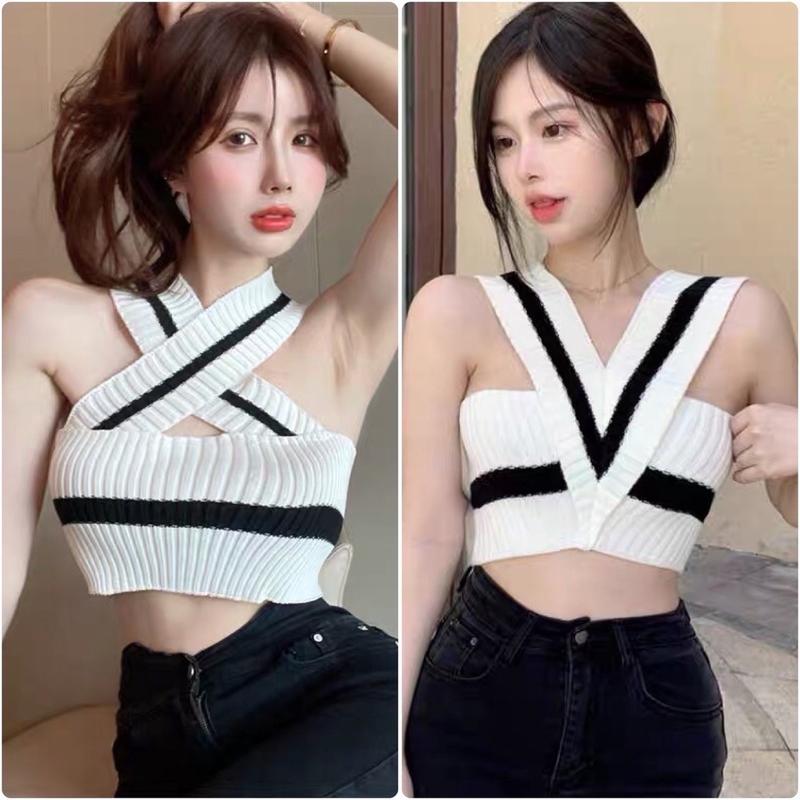  Áo hai dây croptop len nữ cổ V 