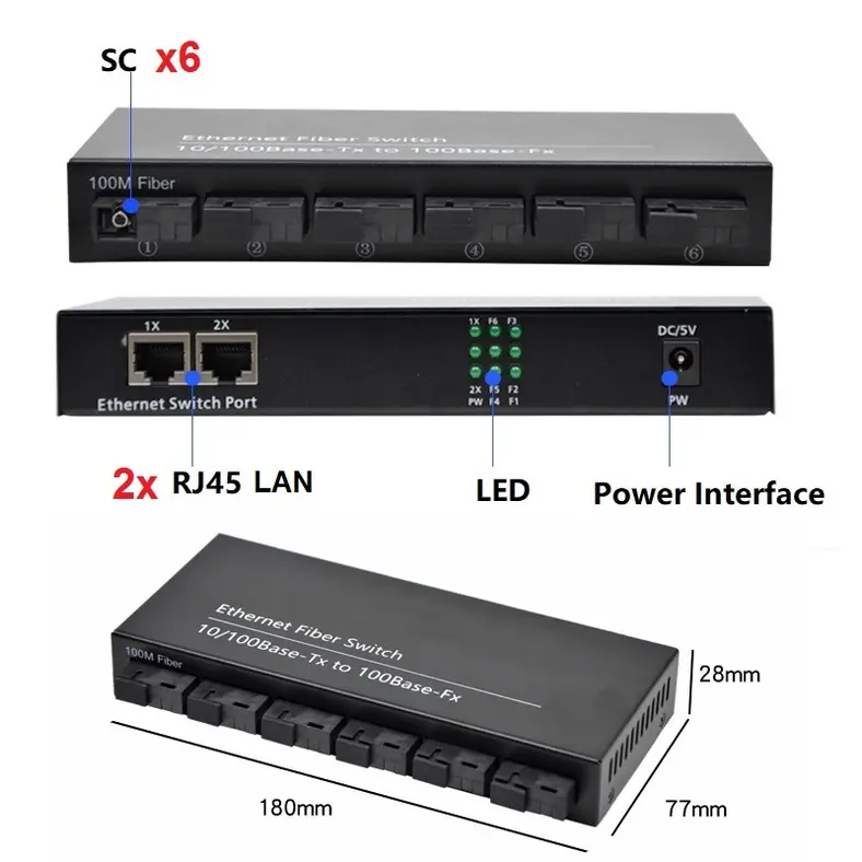 Media Converter 10M/100M 6 Port FO 2 Port LAN Ethernet Fiber Switch Optical Media Converter 2 RJ45 Dengan EU Adapter 1