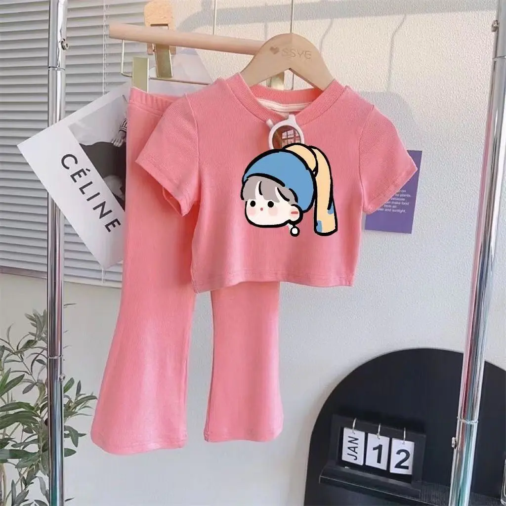 Bộ Quần Áo Mùa Hè Cho Bé Gái, Áo ngắn Tay Và Quần, Phong Cách Hàn Quốc Thời Trang Mới, Dành Cho Bé Gái, Thường Ngày Và Vui Nhộn, Bộ Hai Mảnh, 2024