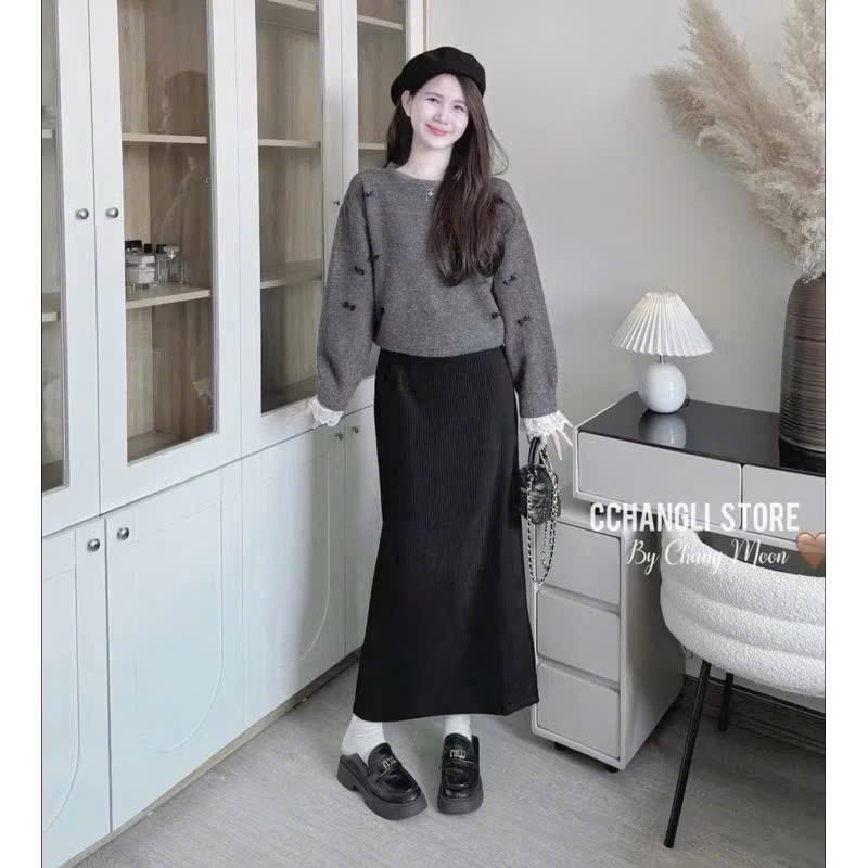  Bộ Set Áo Len Thỏ Xám Đính Nơ Đen Chân Váy Dài Midi Tôn Dáng Tay Phối Ren Cho Nữ - Women 