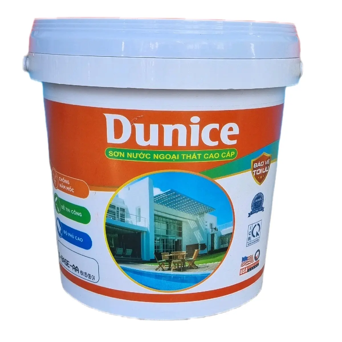 SƠN NƯỚC NGOẠI THẤT CAO CẤP DUNICE, THỂ TÍCH 4,5 LÍT, Màu sắc đa dạng, màng sơn láng mịn, chống thấm, chống nấm mốc và dễ thi công.