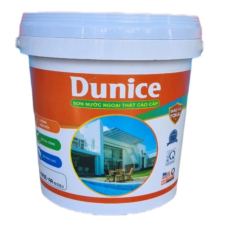 Thùng 4,5Lít SƠN NƯỚC NGOẠI THẤT CAO CẤP DUNICE Màu sắc đa dạng màng sơn láng mịn chống thấm chống nấm mốc và dễ thi công.