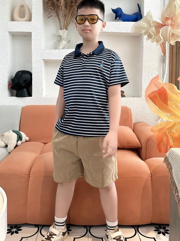 Bộ quần áo kẻ thun polo cổ bẻ cho bé trai MINTKIDS01 vải cotton kẻ ngang thêu hình chú chó cứu hộ h & đầu lân cho lớp 5 suit Có Cổ