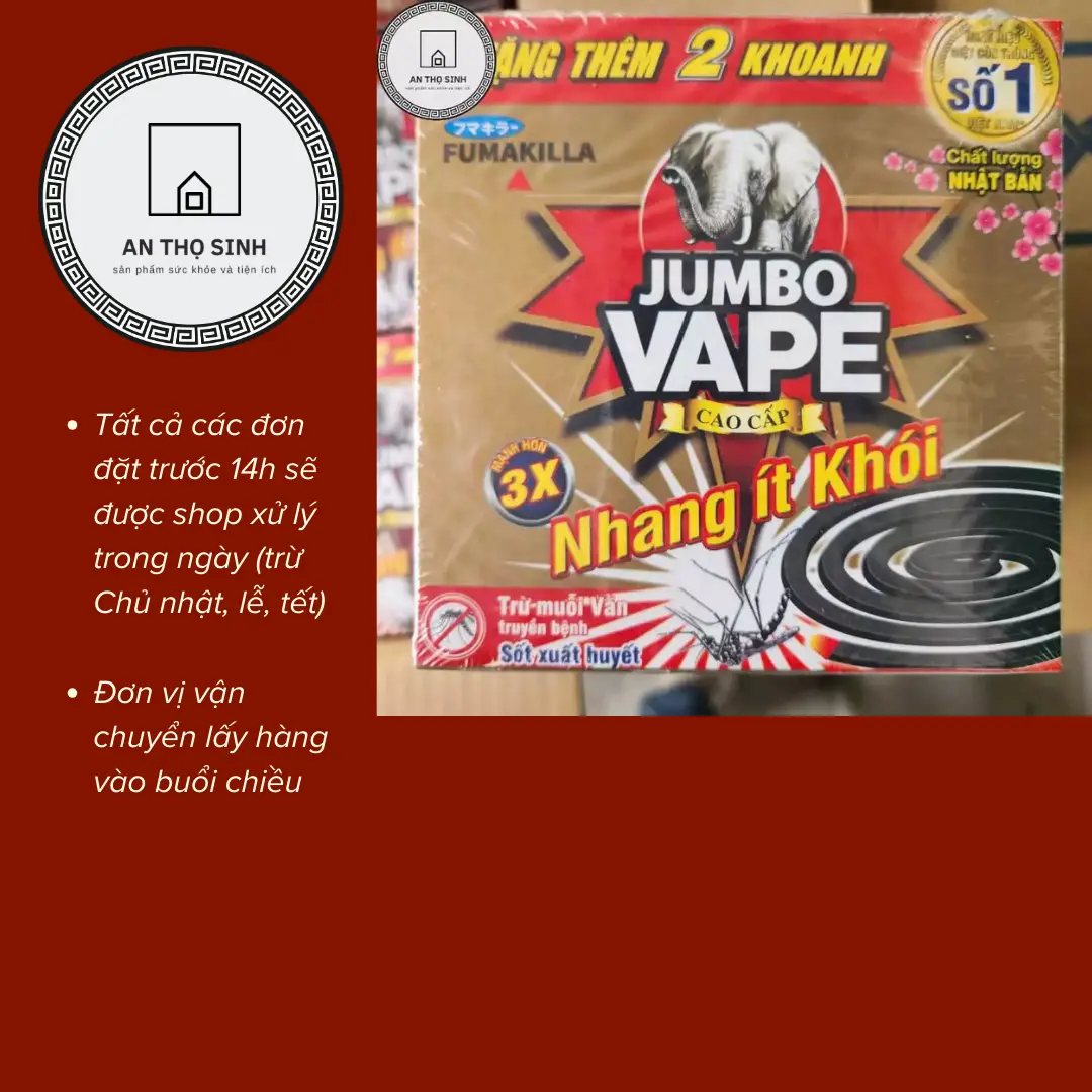 [Một hộp 12 khoanh] Nhang muỗi JUMBO VAPE ít khói cao cấp công nghệ Nhật Bản, chuyên trừ muỗi vằn truyền bệnh sốt xuất huyết
