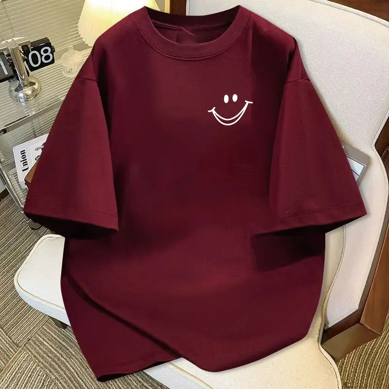 Áo Thun In Hình Mặt Cười, Thiết Kế Vui Nhộn, ngắn Tay, Chất Liệu Cotton, Dáng Rộng Vừa Vặn, Dành Cho Nữ