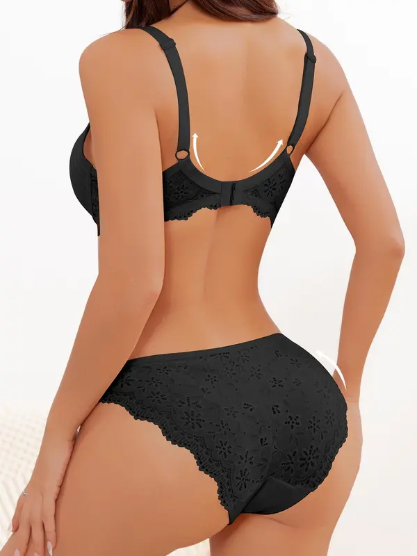 Women's Solid Adjustable Strap Lace Bra & Panty Two-Piece Set, Soft Comfy Breathable Lingerie Set for Daily Wear, Underwear Set for Women 1
