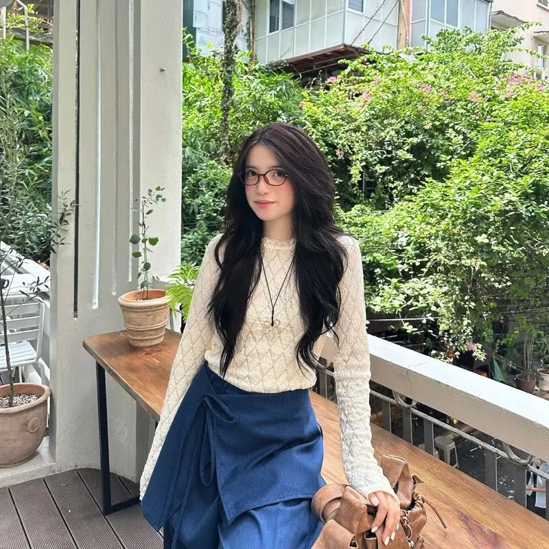 [CHUẨN ĐẸP QC L1/SẴN] Áo Len Thun Xốp Dài Tay Phối Ren Hoạ Tiết Trám 3 màu Kem Đen Trắng Hanhiwithlove SIÊU XINH A12 QC