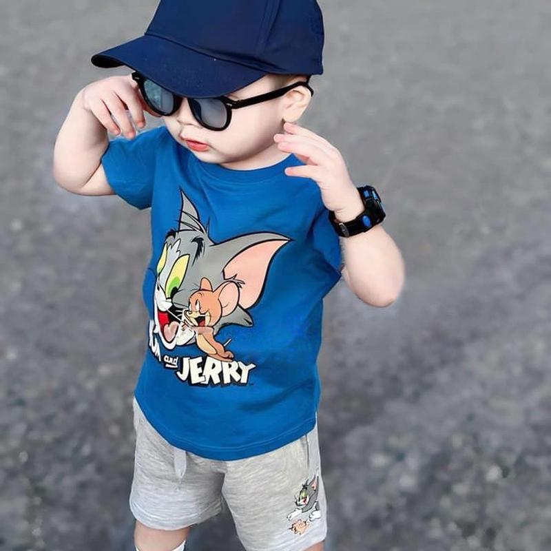 kho sỉ mẹ gạo Bộ Quần Áo Mùa Hè Bé Trai In Hình Màu Xanh Chất Cotton Mềm Mát và Quần Cotton Màu Tàn In Hình Cho Bé Trai Size từ 10-30kg Vải COTTON Jean