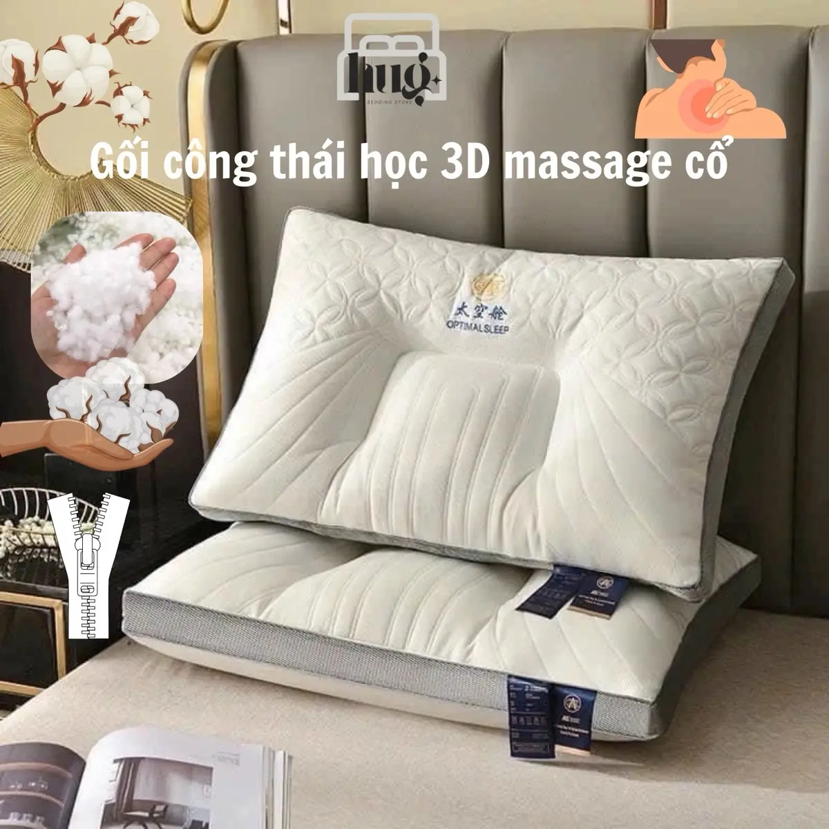 Gối Công Thái Học 3D Massage Hỗ Trợ Cổ Vai Gáy Kích Thước 48x74cm - Hàng nhập khẩu