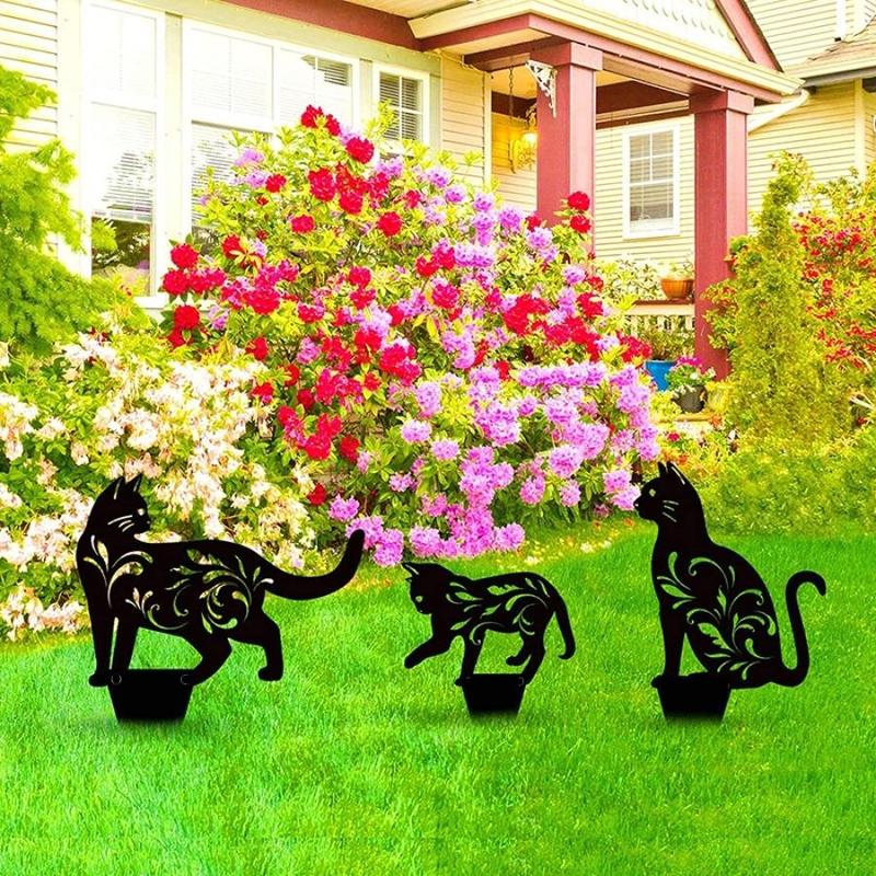 3D Cat Design Garden Stake, 3 Counts Lovely Metal Cat Garden Decoration, Outdoor Garden Decor for Yard Lawn Park Balcony 3