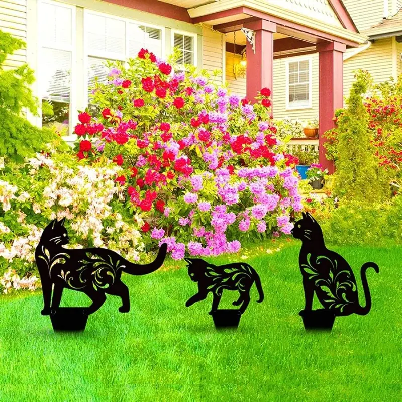 3D Cat Design Garden Stake, 3 Counts Lovely Metal Cat Garden Decoration, Outdoor Garden Decor for Yard Lawn Park Balcony 3