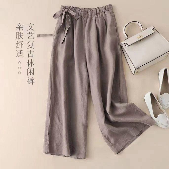 Product Introduction of Cotton and linen wide-leg 9/10 Pants with a loose fit for women, High-waisted, Thin and Straight-leg Casual pants, Available in multiple Colors Womenswear Bottom Lingerie Comfort Trouser Basic Minimalist 5