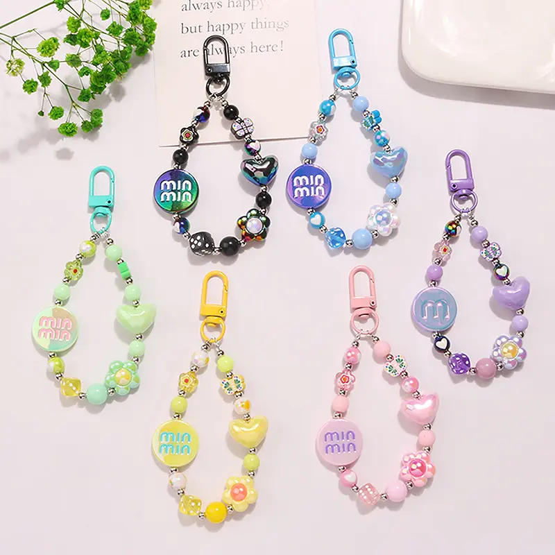 จี้ข้อมือโทรศัพท์มือถือ เชือกเส้นเล็กรักทำมือ จี้ทาสีลูกปัด เคสเชือกเส้นเล็กดอกไม้ เชือกเส้นเล็กป้องกันการสูญหาย