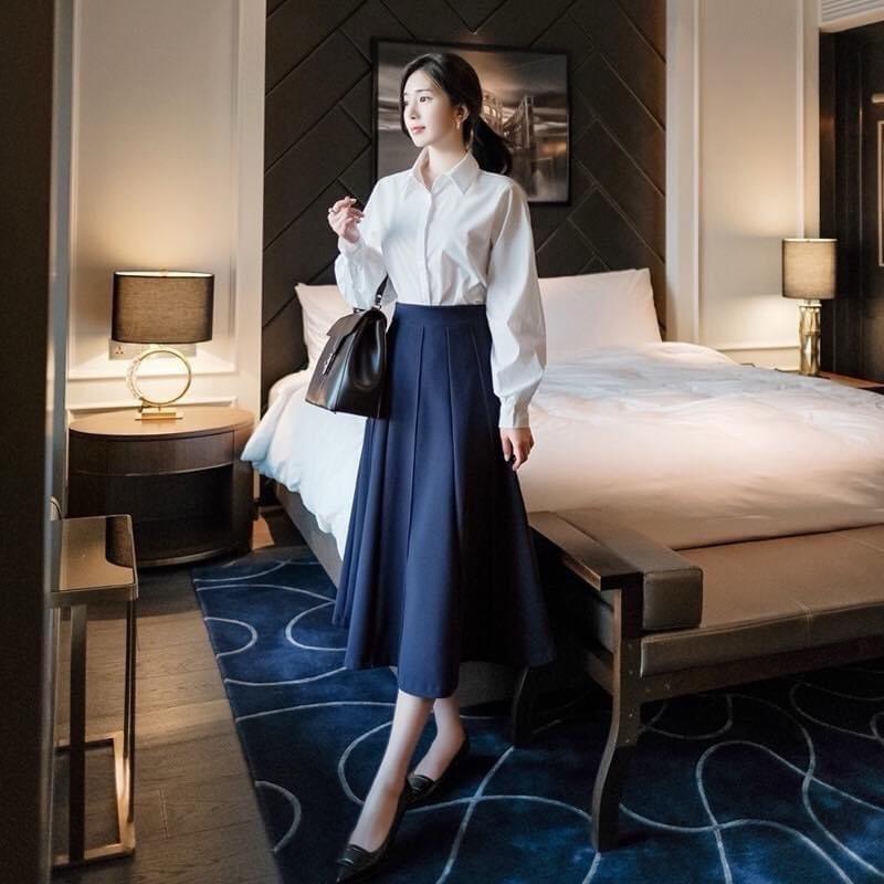 Guanfashion Chân váy xoè công sở dài bổ mảnhkèm túi 2 sườn mã CV100 chân váy Nữ. Kem Women Đen