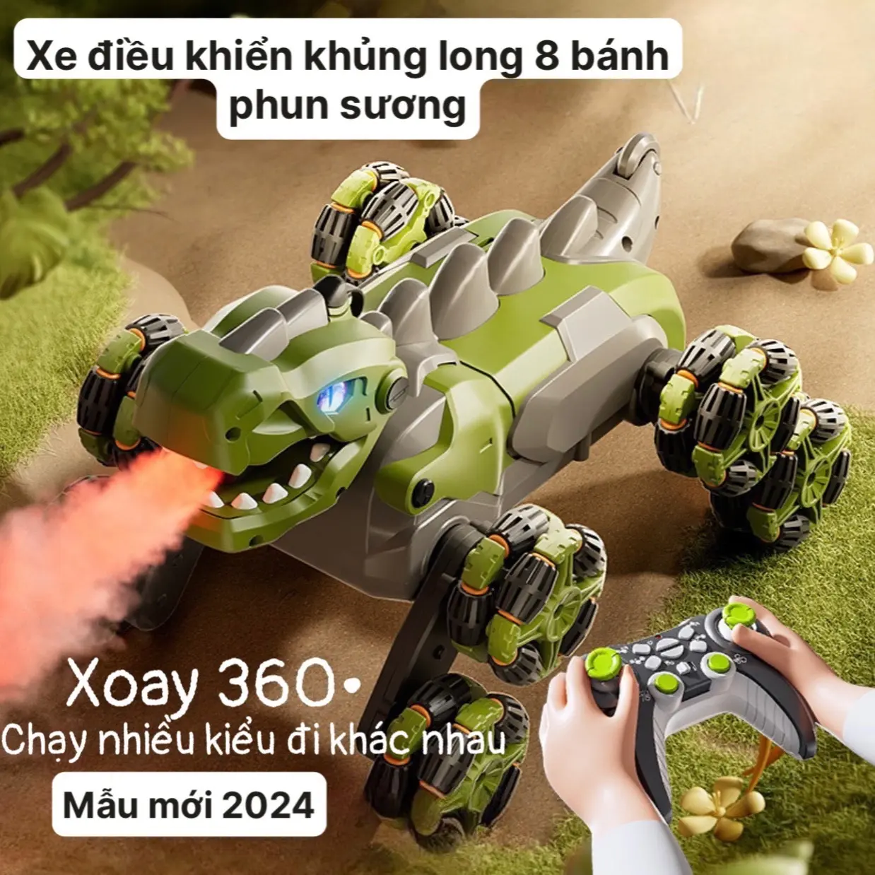 Xe địa hình khủng long điều khiển từ xa phun sương 8 bánh , xoay 360 độ , có đèn có nhạc , chạy nhiều kiểu khác nhau , pin sạc Đồ Chơi Toy   ôtô