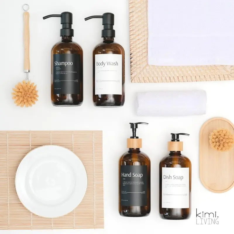 KIMI LIVING - RYOTA Botol Refill KACA Pump BAMBOO untuk Sabun Shampoo Conditioner Hand Sanitizer / Refillable Bottle Amber Tutup Bambu Dekorasi Rumah Minimalis Estetik Putih 5