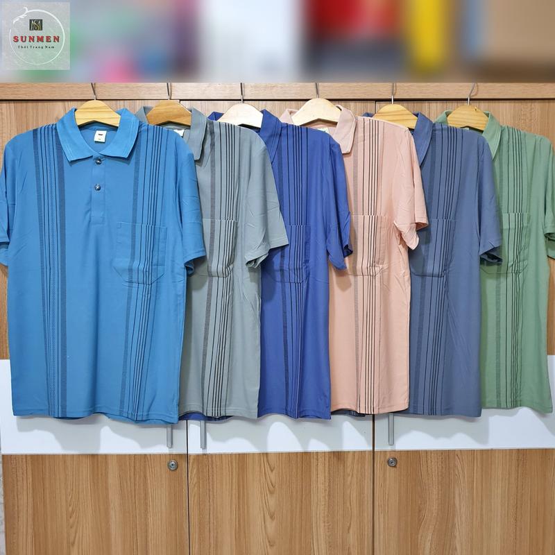 Áo Thun Nam Có Túi Trung Niên Loại Sọc Cổ Bẻ From Rộng Tay Lỡ SUNMEN ATNTN002 Đủ Màu Size Từ 50 - 85kg Top Menswear Top Có Cổ Polo thông thường hàn quốc áo polo