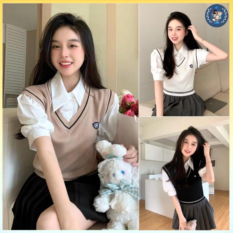 [A003] Áo len nữ Montoghi phong cách GILE kiểu 2 LỚP hàng dệt kim phối cổ sơ mi tay phồng hàng Quảng Châu xinh xắn - L2M (Top Women Fashion ) 【 hoa hồng  【 Hỏa tốc  