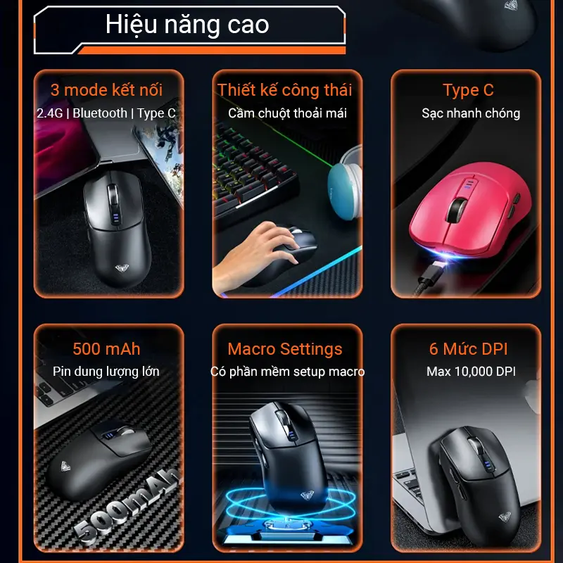 [AULA] Chuột gaming AULA SC580 - 3 Mode kết nối - max 10,000 DPI - Có app cài đặt macro - Trọng lượng 81 gr pin 500 mAh - Bh 12 T | BigBuy360 - bigbuy360.vn