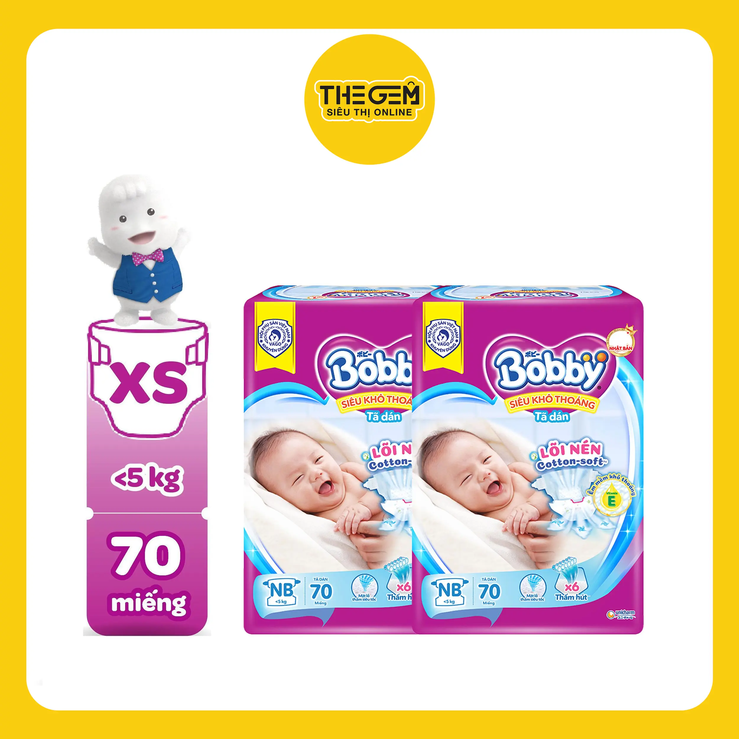 [COMBO 2] Bobby Tã dán XS70 Siêu khô thoáng Lõi nén cotton soft cho bé