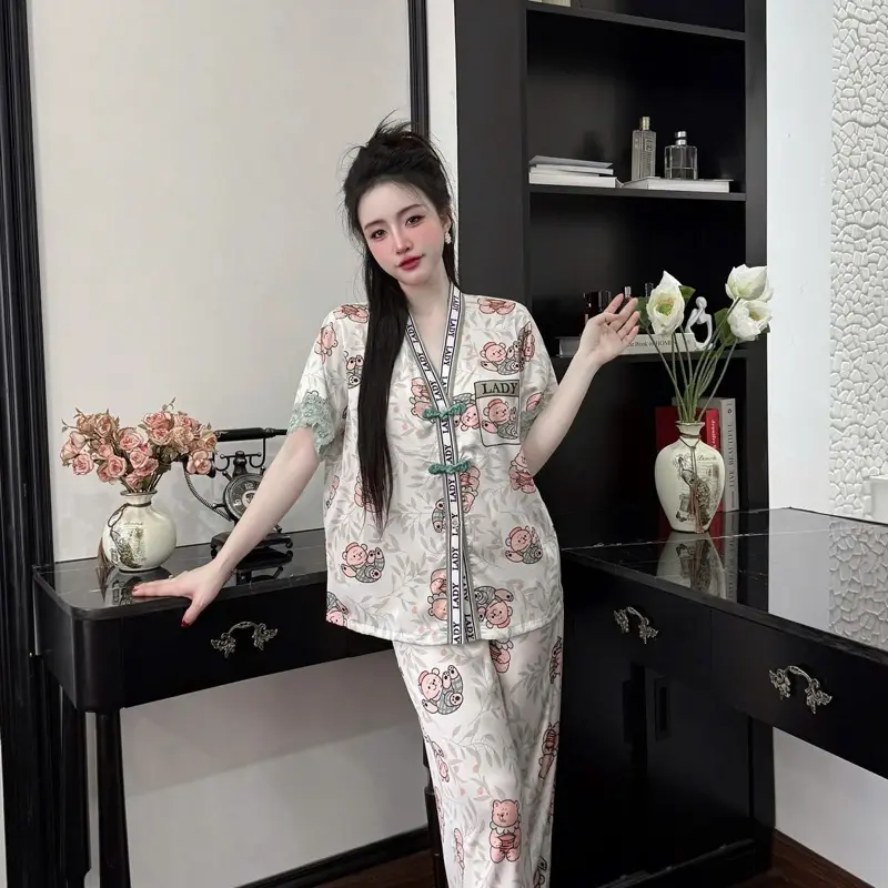 @minx.shop set đồ bộ pyjama mặc nhà chất liệu vải thun gân phối ren nút tàu