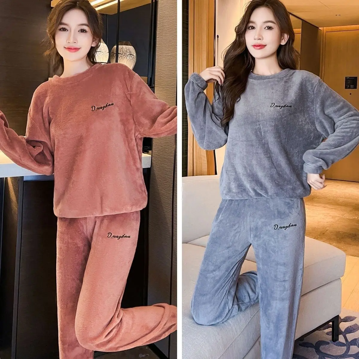 Bộ Đồ Ngủ Nhung San Hô, Bộ Đồ Ấm Áp, Dành Cho Nữ, Mùa Thu Và Mùa Đông, Hàng Mới Về, Lót Lông Cừu, Dày Dặn, Ấm Áp Mùa Đông, Dài Tay, Làm Bằng vải nỉ, Thích Hợp Mặc Nhà