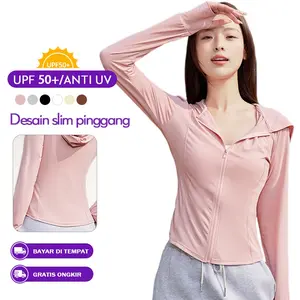 Jaket Olahraga Wanita Lengan Panjang Anti UV UPF50+ Hoodie Sport Gym Running Yoga Adem Cepat Kering Viral 2025 Desain Slim Pinggang Cocok untuk Olahraga dan Outdoor