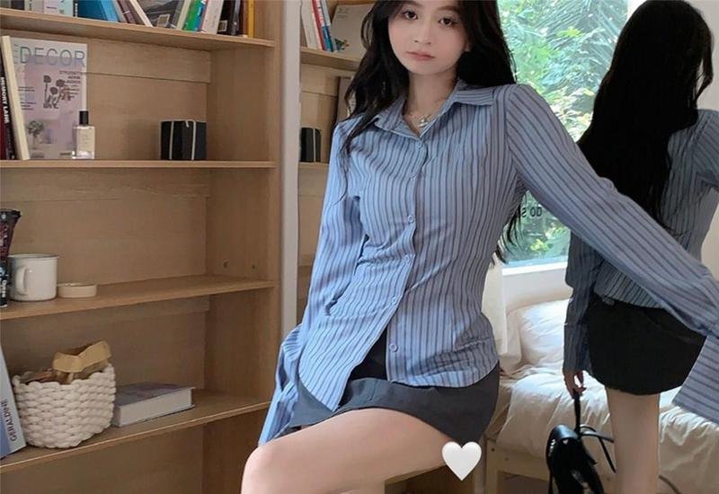 Product Introduction of Áo Khoác Sơ Mi Dài Tay Sọc Xanh, Phong Cách Cô Gái Nóng Bỏng, Thiết Kế Cao Cấp, Thích Hợp Cho Mùa Xuân Và Mùa Thu Của Phụ Nữ, Ôm Sát Eo, Dễ Thương Và Gợi Cảm, Áo, Dành Cho Nữ, Năm 2025 15