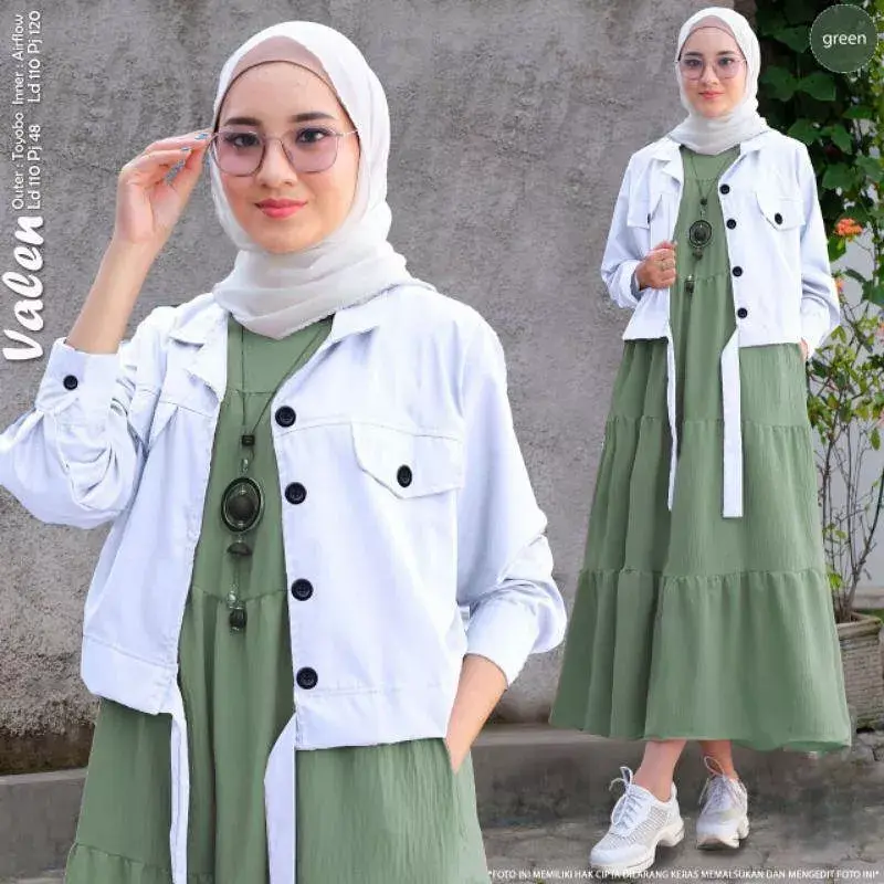 Valen set 2in1 Setelan Polos  Baju  wanita Muslimah Iner  Gamis Panjang + Atasan outhers Putih Terbaru Kancing Aktif Bahan Crinkle Fremium 2