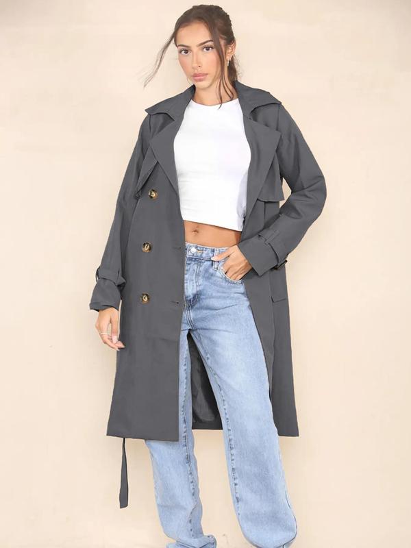 Women's Solid Double Button Belted Trench Coat, Elegant Lapel Neck Long Sleeve Coat for Fall & Winter, Women's Clothing for Daily Wear 6