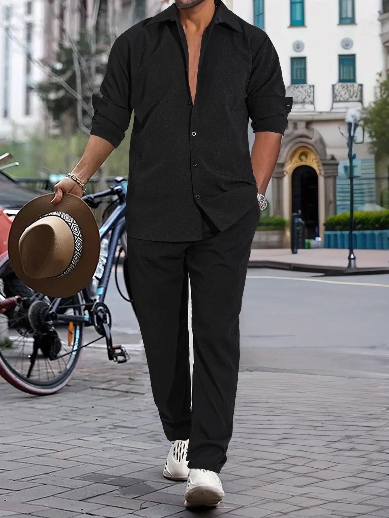 Two-Piece Set Men's Plain Button Front Shirt & Pocket Drawstring Waist Pants, Regular Fit Casual Comfy Long Sleeve Collared Top & Elastic Waist Trousers Set for Daily Wear, Men's Outfits for All Seasons