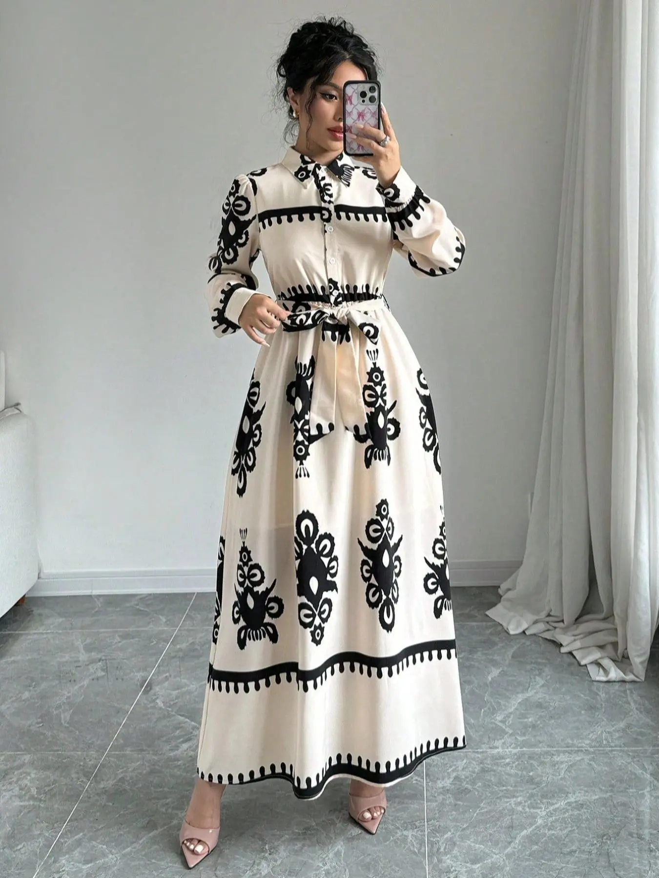 Women's All Over Print Half Button Tie Front A Line Dress, Elegant Bishop Sleeve Collared Maxi Dress for Vacation Holiday Wedding Guest, Ladies Clothes for All Seasons
