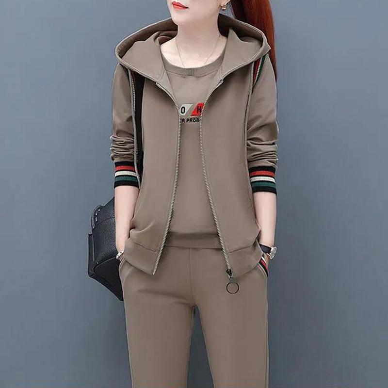 Bộ Áo Nỉ Và Quần, Áo Khoác Không Tay Có Mũ, Cổ Tròn, In Họa Tiết Rộng Rãi, Ấm Áp, Eo Co Giãn, Dây Kéo, Bộ Đồ Thể Thao Mùa Thu Để Mặc Hàng Ngày, 3 Cái / bộ 1