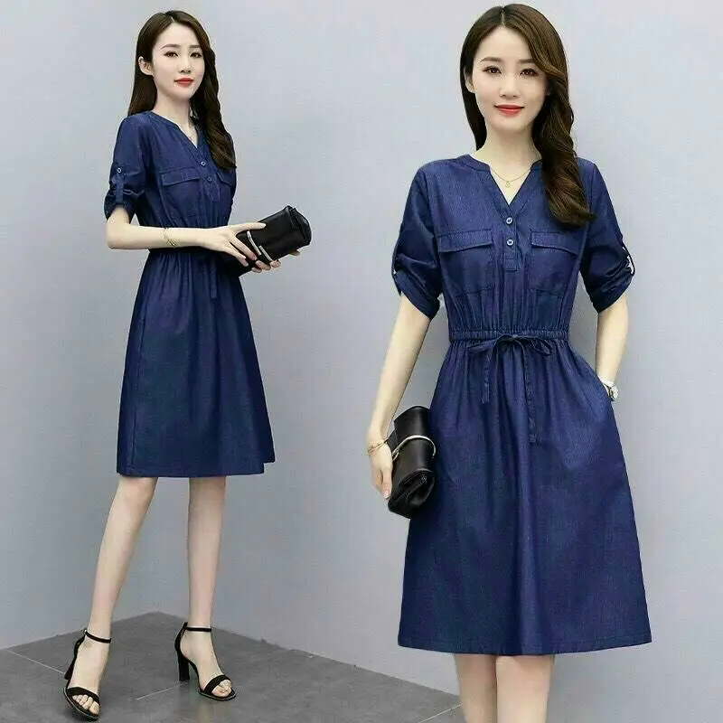 Đầm Jean Cổ V Xòe Eo Dây Rút, Đầm Jean Nữ Cá Tính, Đầm Jean Nữ Phong Cách Denim Dress