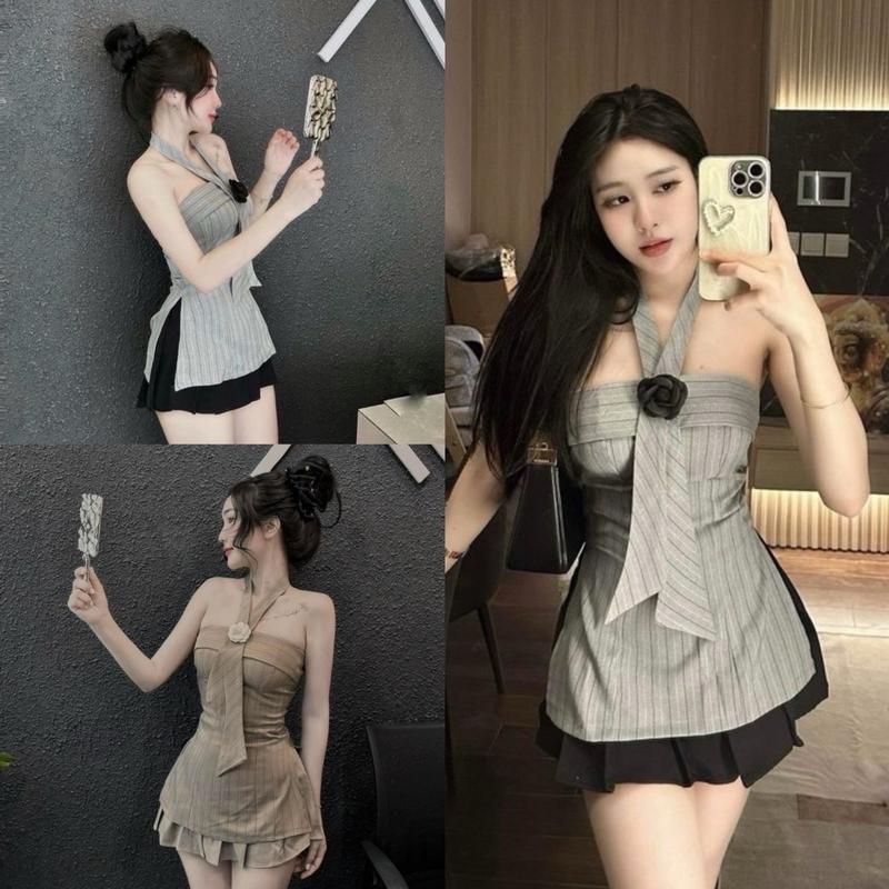 Set áo quây SỌC cổ yếm HOA TRÀ + cvay xoè xếp ly ( có mút ) Nữ